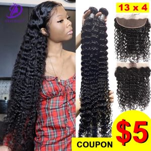 30 32 34 40 Inch Deep Wave Hair Weave 4 Bundles With 13x4 Lace Closure Frontal Human Hair Frontal and Bundle Remy Hair Extension