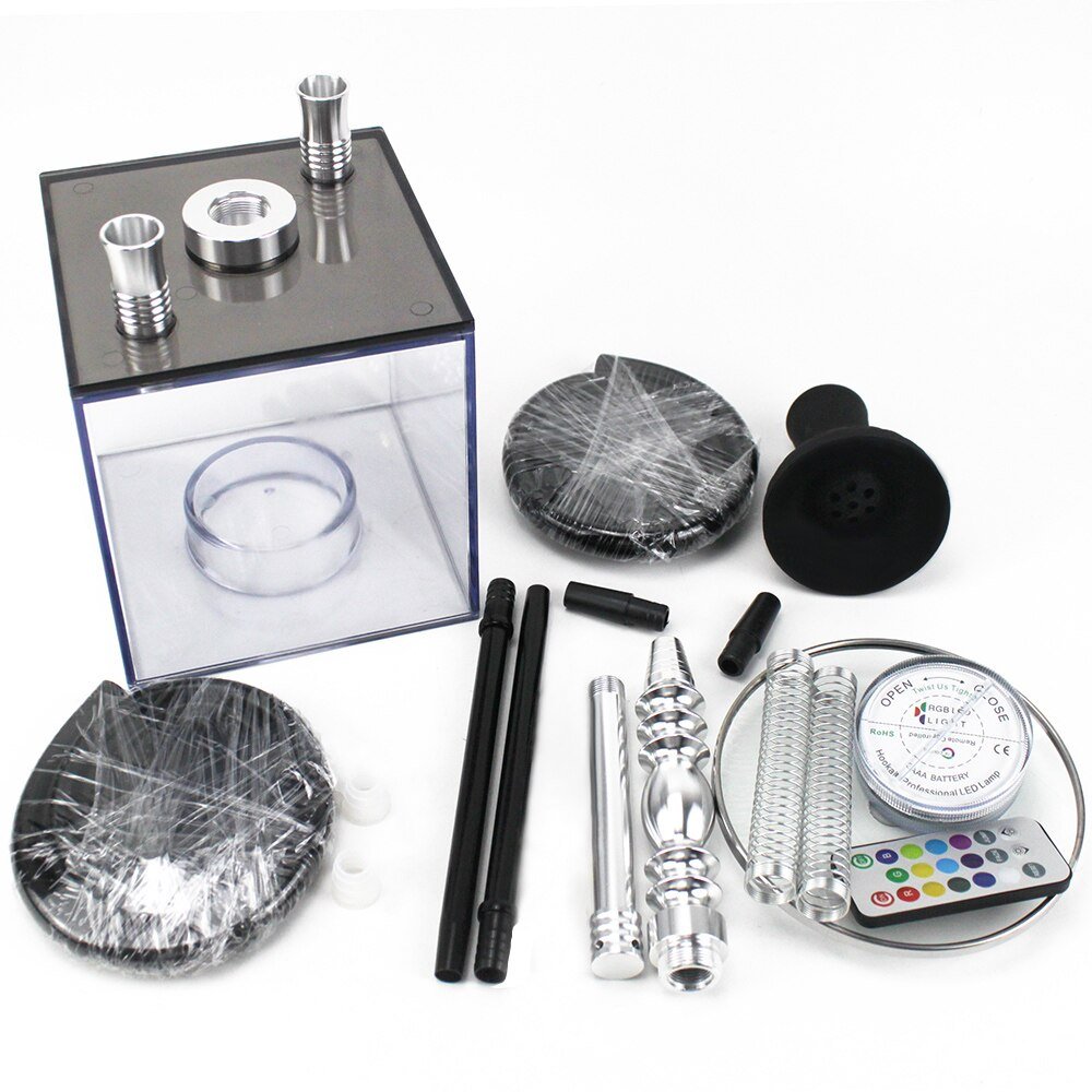 Cube Acrylic Hookah Box Set with 2 Hose Silicone Bowl LED Light Shisha ...