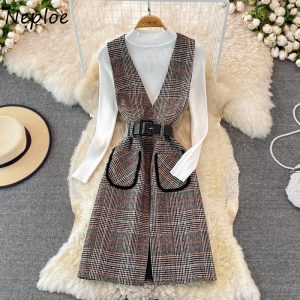 Neploe Fashion Mid-length Dress 2Pcs Woman V-neck Woolen Vest Dresses Half High Neck Long Sleeve Knitted Pullover Tops Mujer