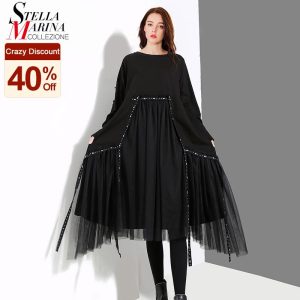 New Plus Size Woman Autumn Solid Black Loose Dress Long Sleeve Mesh Overlay Tapes Ladies Casual Style Midi Dress Robe Femme 4564