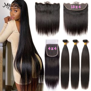 Straight Bundles Weave With Frontal 13x4 Ear to Ear Lace Frontal Human Hair Extension Brazilian Hair Bundles With 4x4 Closure