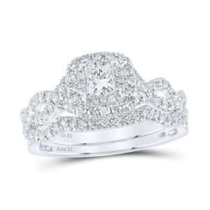 14kt White Gold Princess Diamond Bridal Wedding Ring Band Set 1 Ctw