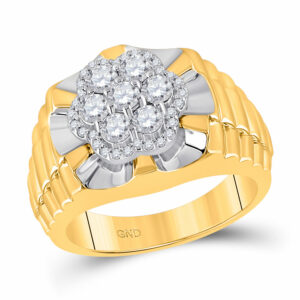 10kt Two-tone Yellow White Gold Mens Round Diamond Flower Cluster Ribbed Ring