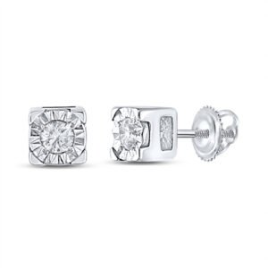 Sterling Silver Round Diamond Solitaire Fashion Earrings 1/20 Ctw