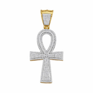 10k Yellow Gold Mens Round Diamond Ankh Flared Cross Charm Pendant 1 Cttw
