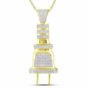 10kt Yellow Gold Mens Round Diamond Electric Plug Socket Charm Pendant 3/8 Cttw