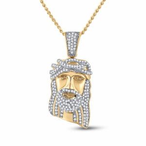 10k Yellow Gold Mens Round Diamond Jesus Face Charm Pendant 3/8