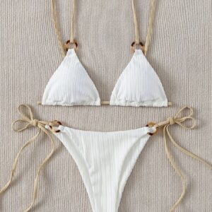 2022 Sexy Bikini Set Cute White Plain Ring Linked Spaghetti Strap Triangle Thong Biquini Swimsuit Swimwear Women Bathing Suit B0