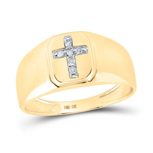 10k Yellow Gold Mens Round Diamond Cross Band Ring 1/20 Cttw