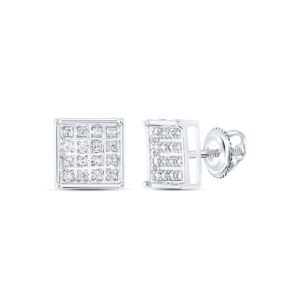 Sterling Silver Round Diamond Square Cluster Fashion Earrings 1/10 Ctw