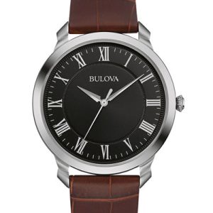 Bulova Mens Classic Watch - Black Dial - Stainless Steel - Brown Leather Strap