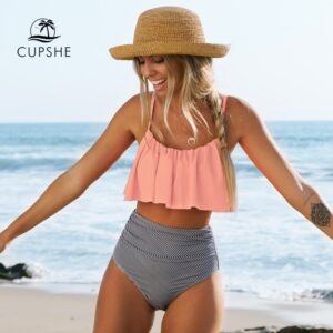 CUPSHE Pink and Stripe High Waisted Bikini Sets Sexy Tank Top Swimsuit Two Pieces Swimwear Women 2022 New Beach Bathing Suits