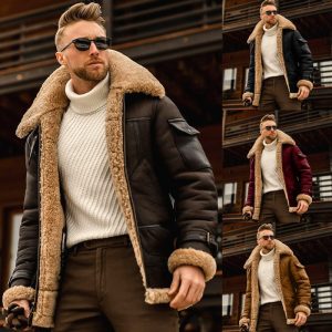 Men Fashion Fur Lapel Collar Long Sleeve Padded Leather Jacket Medieval Vintage Style Thicken Coat Sheepskin Cashmere Motorcycle
