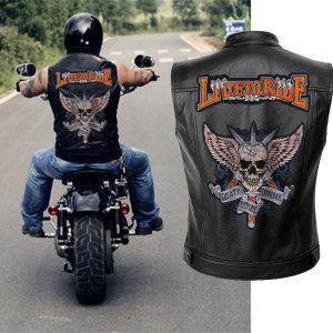 Mens Leather Motorcycle Vest Embroidery Skull Jacket Men Spring Jackets Black Motorrad Gilet