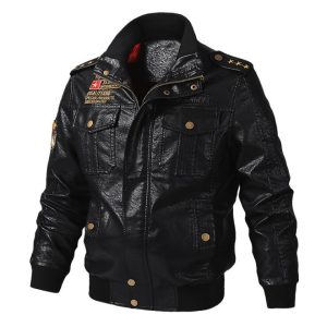 Motorcycle Jacket For Men 2020 Autumn Winter Casual Leather Embroidery Aviator Jacket Stand Collar Pocket Brown Velvet Pu Jacket
