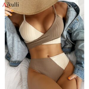 Ribbed Solid Stitching High Waist Bikini Set Swimsuit Women Two-Piece Swimwear 2022 Sexy V-Neck Cross Wrap Biquini Bathing Suit