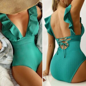 Ruffle One Piece Swimsuit Women Sexy Solid Ribbed Bathing Suit Push Up V-neck Back String Swimwear Female Monokini Beach Wear